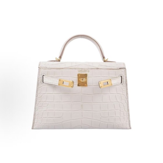 HERMES Mini Kelly II 19 Gold Buckle Kelly Bag single-shoulder crossbody handbag 19 Women\'s 8L Beton Glacier White